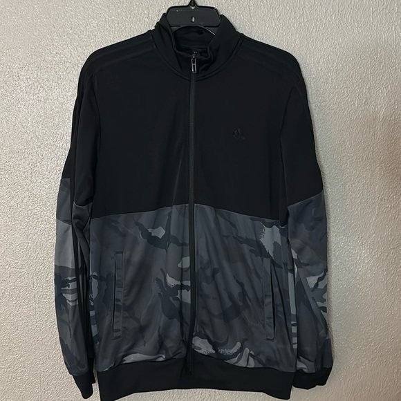 MENS ADIDAS ESSENTIALS CAMO TRICOT TRACK JACKET, MEDIUM, BLACK/GRAY - Picture 1 of 6